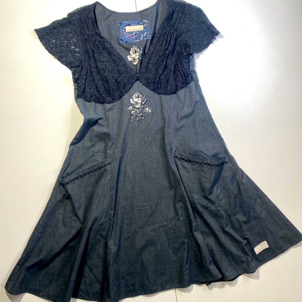 Odd Molly Uncorporated Grey Rose Print Feminine Boho Flowery Pocket Dress 3